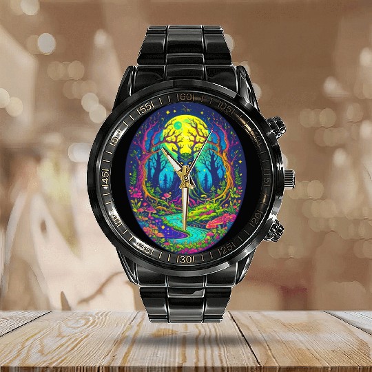 Psychedelic Forest Spirit – Glowing Tree Guardian Calendar Steel Band Watch