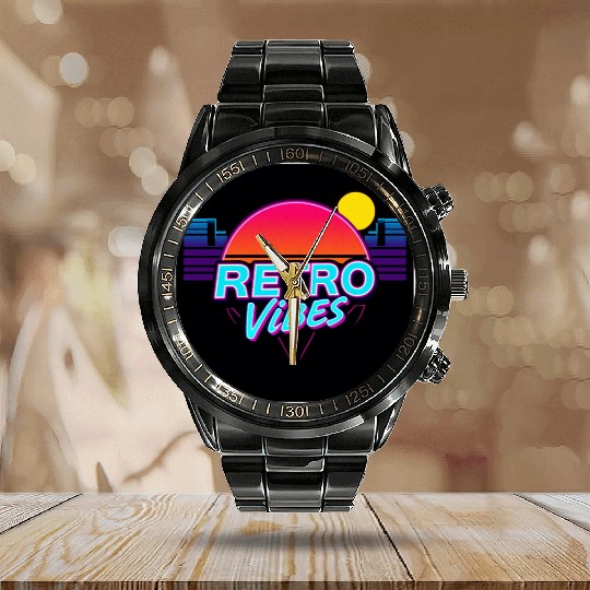 Retro Vibes Sunset Neon Design Calendar Steel Band Watch