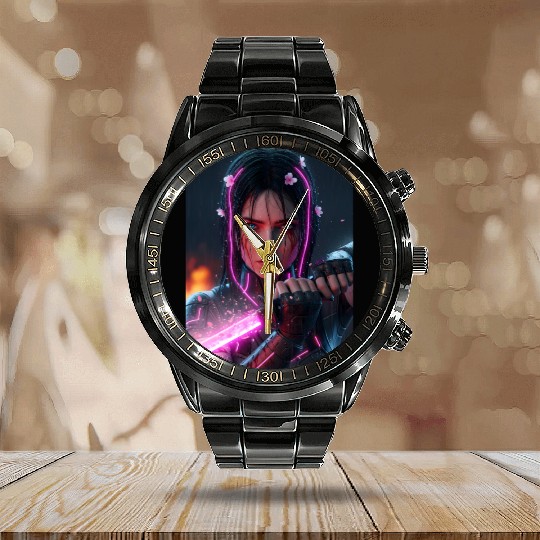 Cyberpunk Samurai Girl Calendar Steel Band Watch