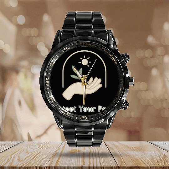 Peaceful Nature Hand with Sun and Leaf Calendar Steel Band Watch