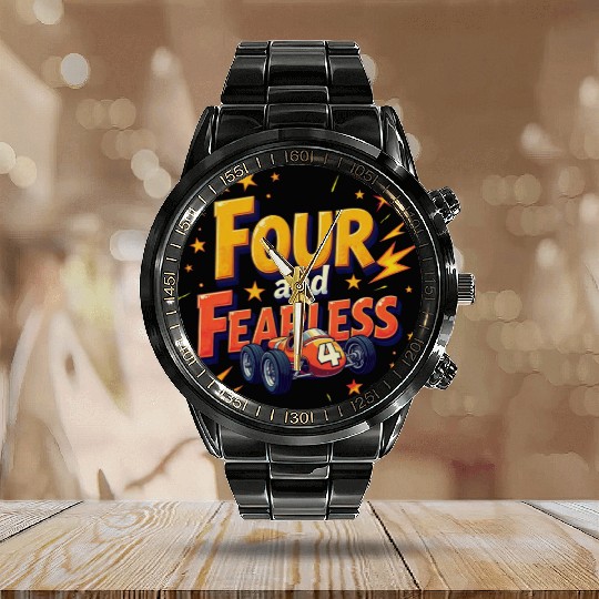 Four and Fearless - 4th Birthday Race Car Design Calendar Steel Band Watch