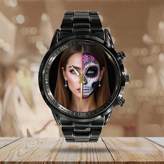 Day of the Dead Sugar Skull Face Art Calendar Steel Band Watch