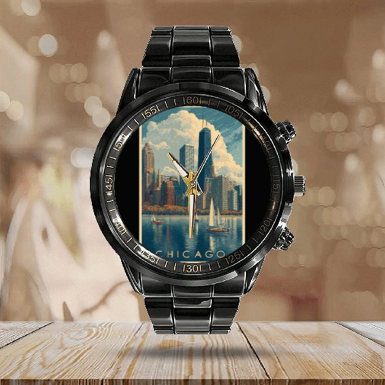 Chicago Skyline with Sailboats Calendar Steel Band Watch