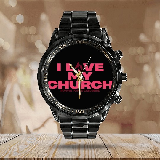 Love my Church fuchsia Calendar Steel Band Watch