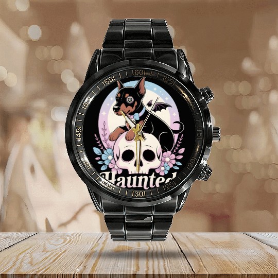 Haunted Doberman Puppy – Spooky Cute Gothic Dog Calendar Steel Band Watch