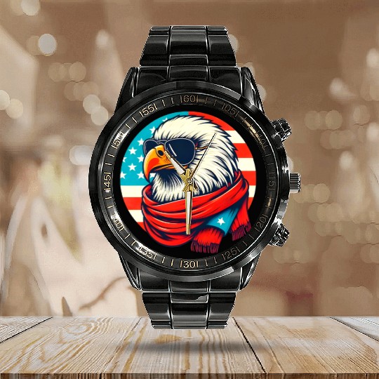 Patriotic Eagle with Sunglasses and Scarf Calendar Steel Band Watch