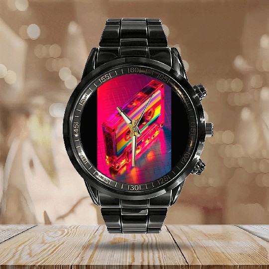 Neon Rainbow Cassette Tape Calendar Steel Band Watch