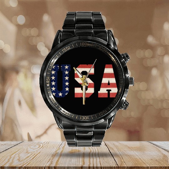 USA Patriotic design with the colors of the flag Calendar Steel Band Watch