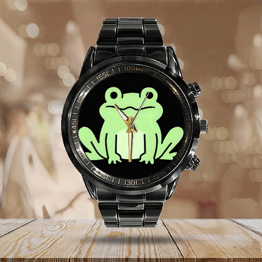 Lime Green Cartoon Frog Design Calendar Steel Band Watch