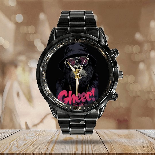 Hip Gorilla with Sunglasses and Hat Calendar Steel Band Watch
