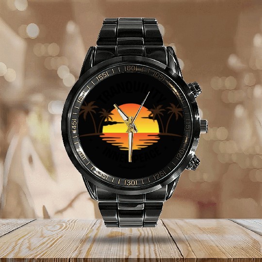 Serene Tropical Sunset Vibes Ocean Horizon Calendar Steel Band Watch