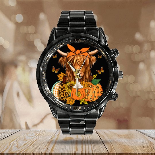Autumn Highland Cattle with Fall Decor Calendar Steel Band Watch