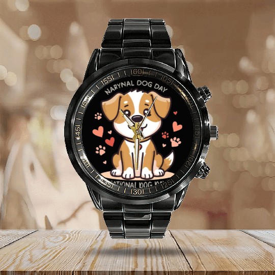 Playful Puppy for Natl Dog Day Calendar Steel Band Watch