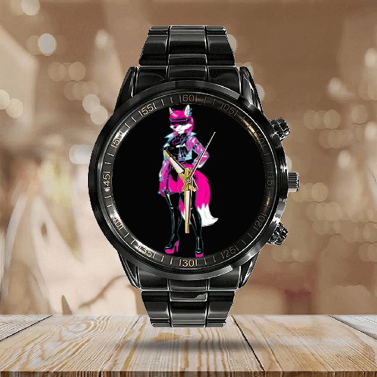 Cyberpunk Furry Fox Anthro Character Art Gift Calendar Steel Band Watch