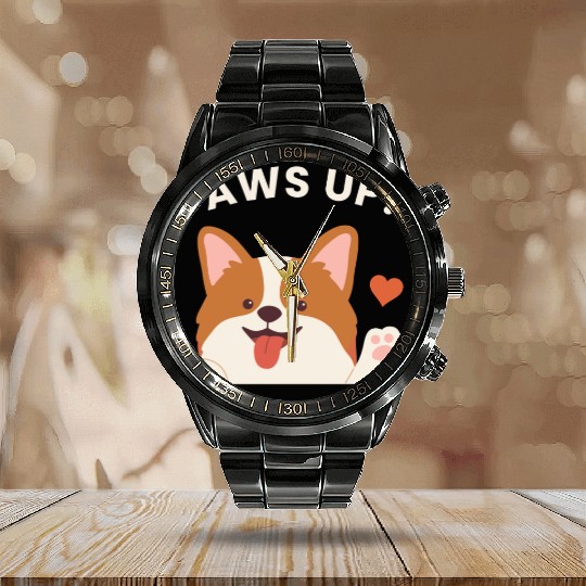 Playful Puppy Paws Up Calendar Steel Band Watch Design