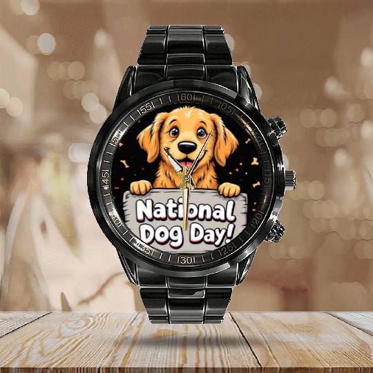 Celebratory Puppy for National Dog Day Calendar Steel Band Watch