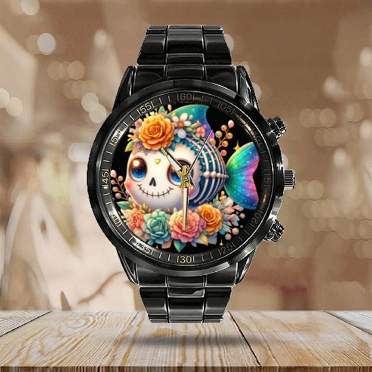 Whimsical Skeleton Fish with Floral Crown Calendar Steel Band Watch