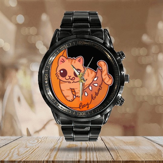 Cozy Autumn Cat on Pumpkin Moon Calendar Steel Band Watch