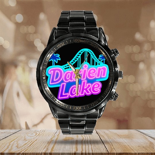 Neon Daren Lake Sign with Roller Coaster and Palms Calendar Steel Band Watch