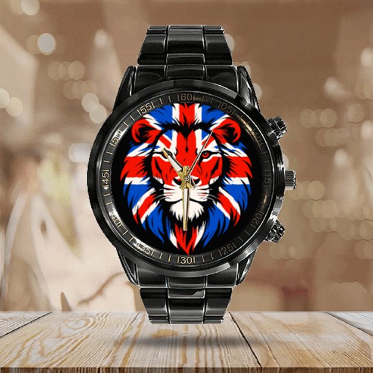 Lion with British Flag Mane Calendar Steel Band Watch