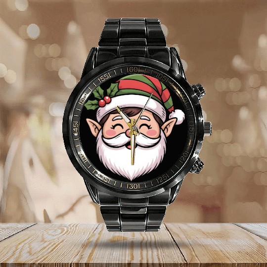 Festive Elf Santa Face Illustration Calendar Steel Band Watch