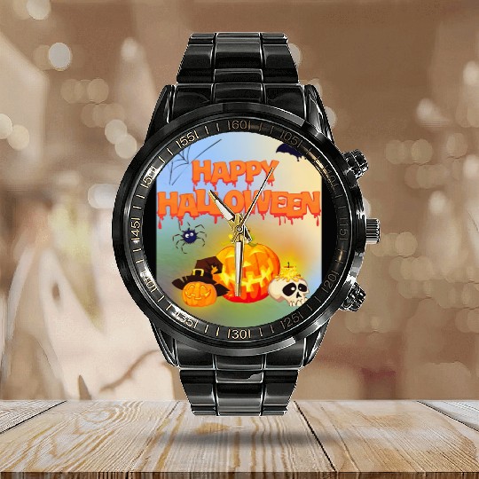 Happy Halloween Pumpkin Lantern Calendar Steel Band Watch
