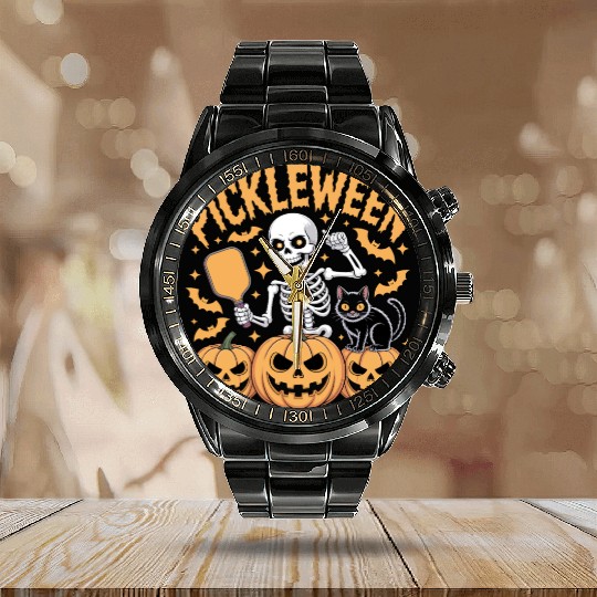 Pickleween Pickleball Player Pumpkin Halloween Calendar Steel Band Watch