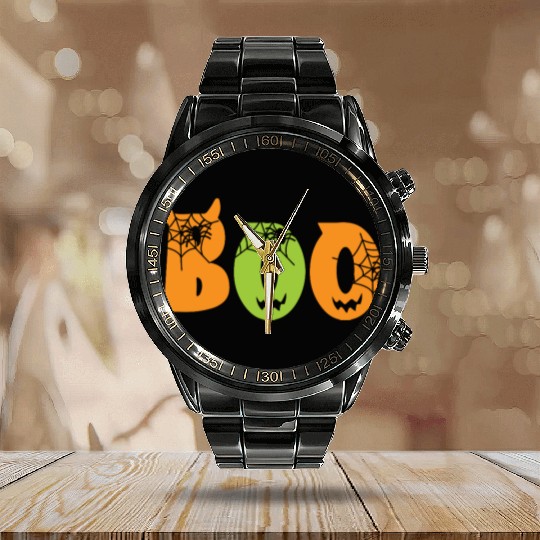 Halloween Boo Cat String Lights Design Calendar Steel Band Watch
