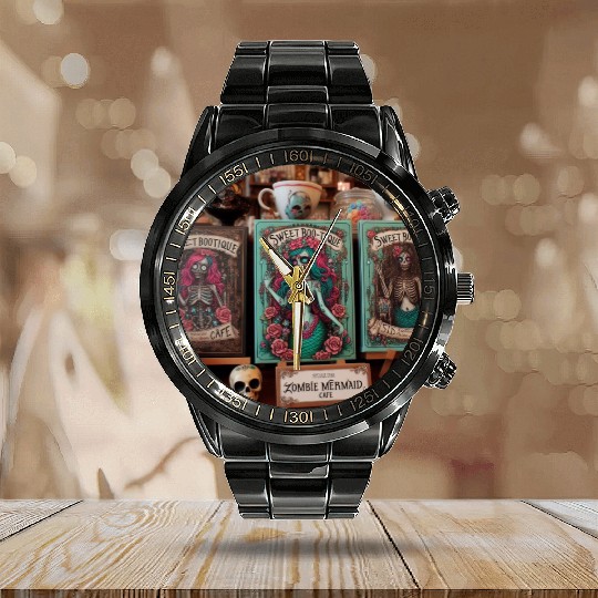 Colorful Sugar Skull Mermaid Design Calendar Steel Band Watch
