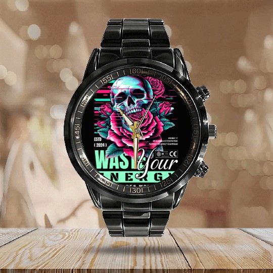 Vivid Skull with Roses Neon Artwork Calendar Steel Band Watch