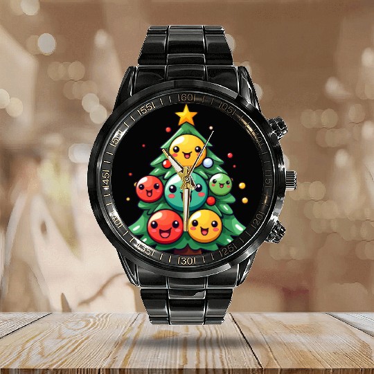 Kawaii Christmas Tree with Chibi Ornaments Calendar Steel Band Watch