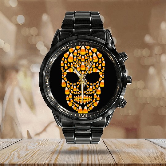 Candy Corn Skull Skeleton Halloween Costume Calendar Steel Band Watch