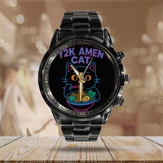 Y2K Ramen Cat – Retro Neon Anime Noodle Lover Desi Calendar Steel Band Watch