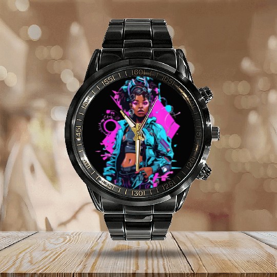 Cyberpunk Girl with Dreadlocks Calendar Steel Band Watch