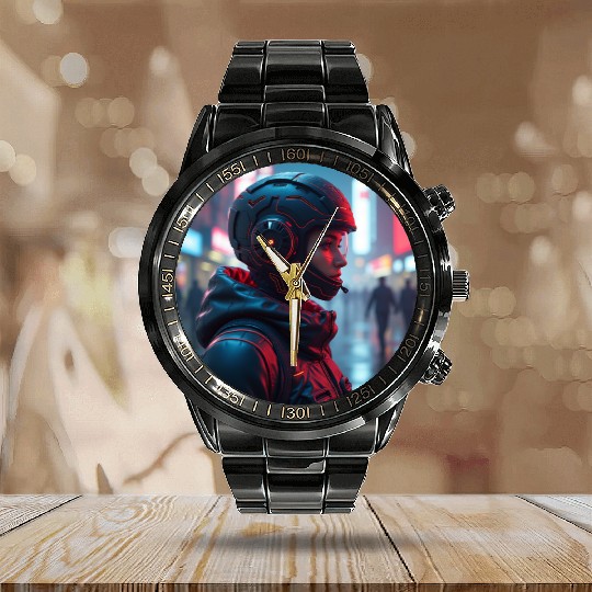 Futuristic Cyberpunk Nightscape Calendar Steel Band Watch