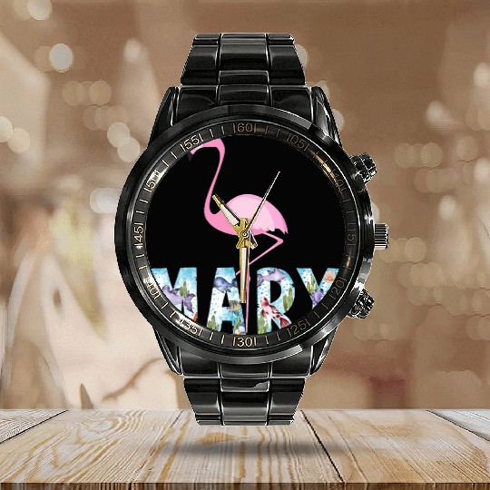Elegant Pink Flamingo with Underwater MARY name Calendar Steel Band Watch