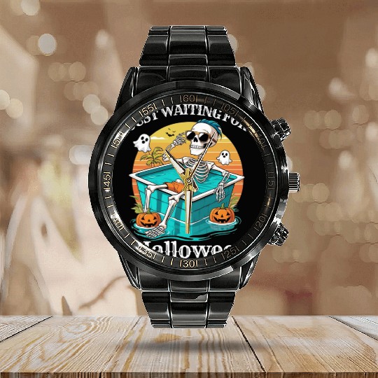 Skeleton Relaxing in Pool Halloween Design Calendar Steel Band Watch