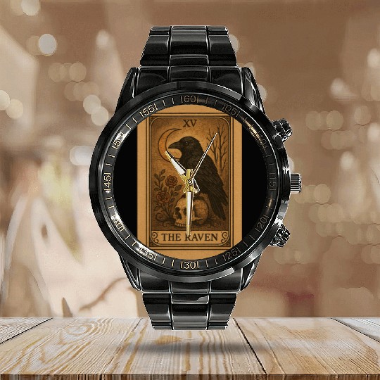 Gothic Raven Tarot Card Design Calendar Steel Band Watch