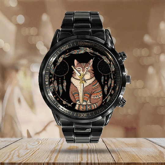 Boho Cat Dreamcatcher – Tribal Spirit Animal Calendar Steel Band Watch