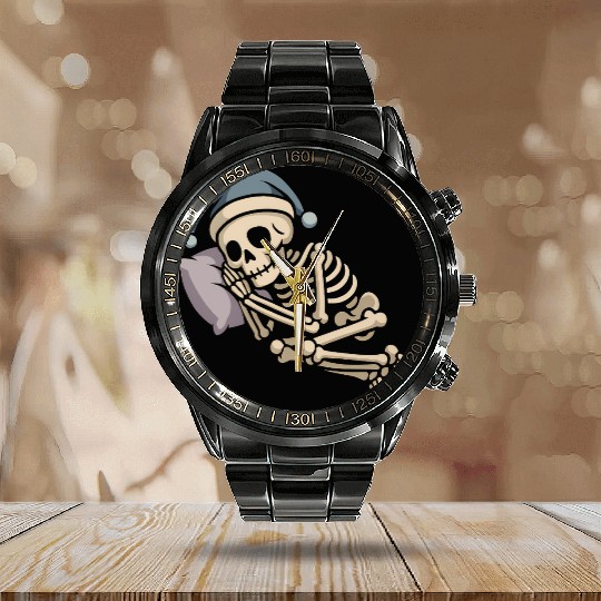 Festive Skeleton Relaxing in Holiday Gear Calendar Steel Band Watch