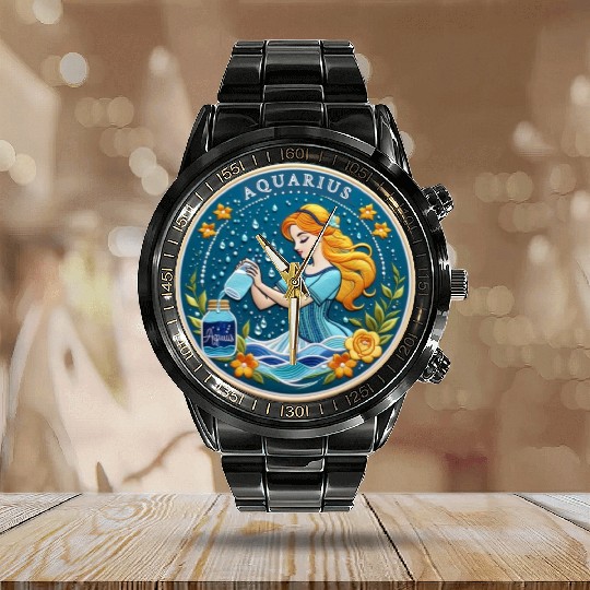 Aquarius Stylish Watercolor Zodiac Illustration Calendar Steel Band Watch