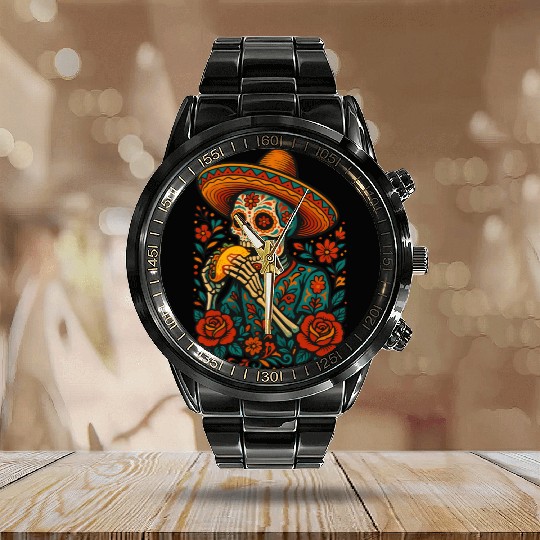 Day of the Dead Skeleton Eating Taco Mexican Folk  Calendar Steel Band Watch