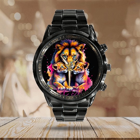Colorful Lion Cubs and Mother Design Calendar Steel Band Watch