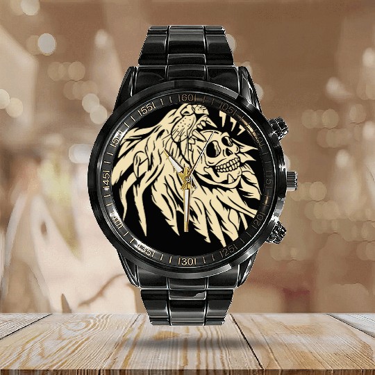 Wild Skull Lion Tattoo Design Calendar Steel Band Watch