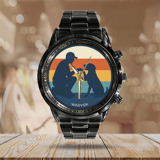 Dog Dad Retro Sunset Badge Calendar Steel Band Watch | Wagvox