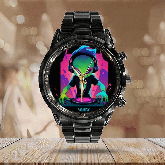 A cute chibi-style alien dark DJ Calendar Steel Band Watch