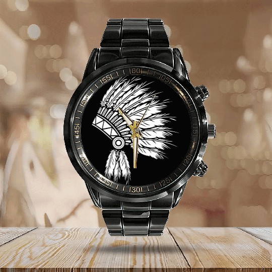 NATIVE AMERICAN HEAD PIECE Calendar Steel Band Watch