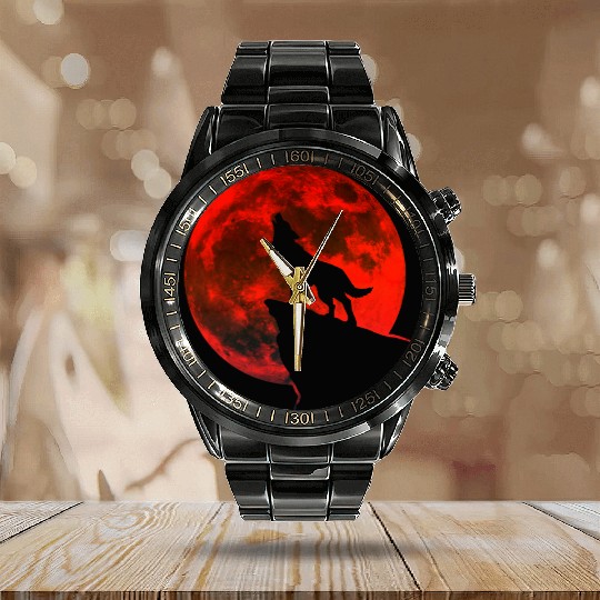 Howling wolf full blood moon space galaxy gift dog Calendar Steel Band Watch