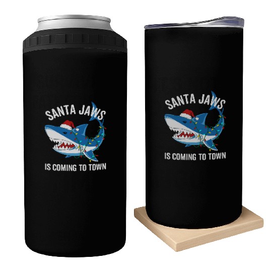 Santa Jaws Is Coming To Town Funny Christmas Shark Can Coolers