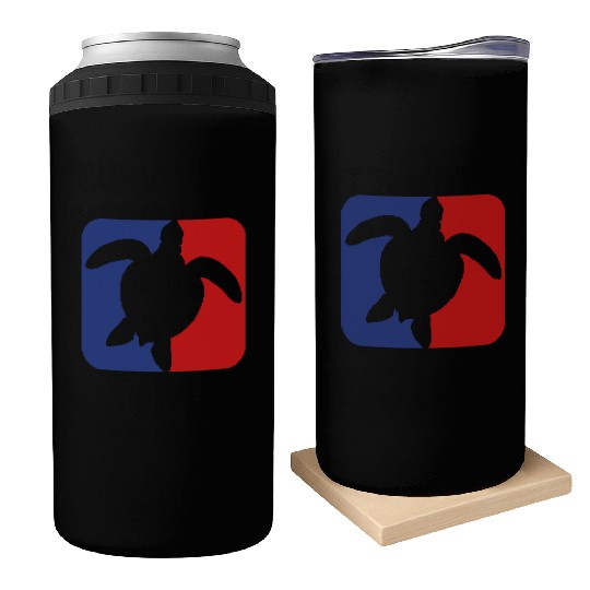 red blue square button sea turtle silhouette outli Can Coolers